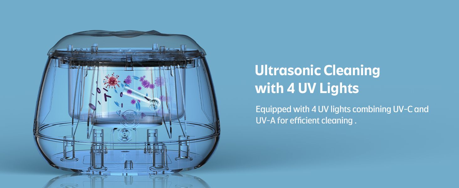 Ultrasonic retainer cleaner with 4 UV-C and UV-A lights