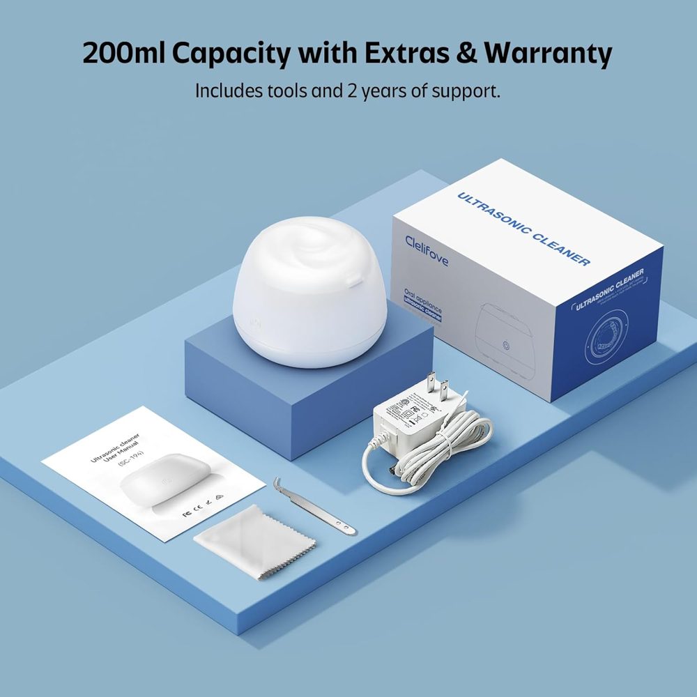 Clelifove ultrasonic cleaner box contents: cleaner, adapter, tweezers, microfiber cloth, manual